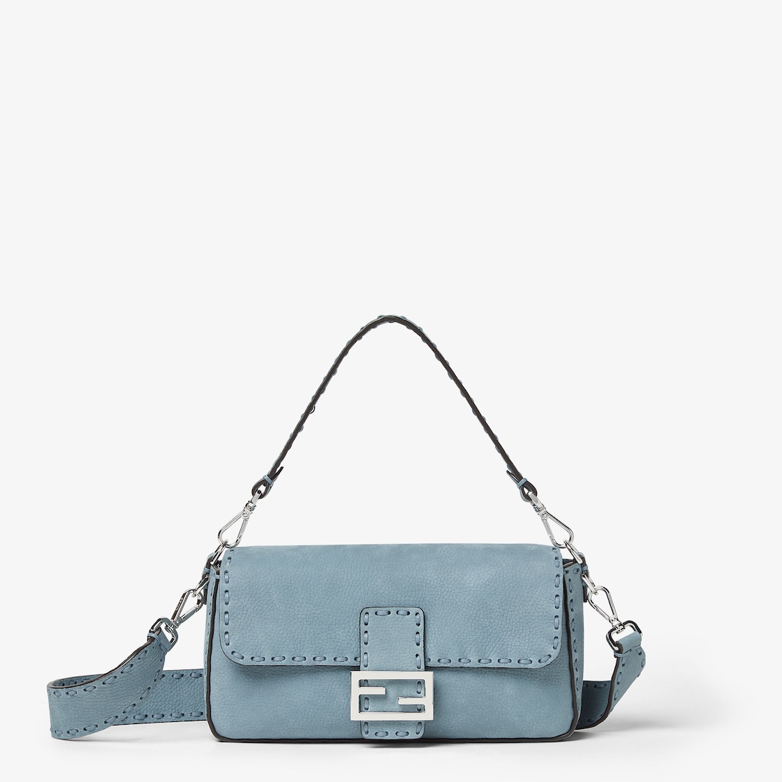 FENDI Baguette® Mercury blue nubuck leather Selleria bag with 612 hand-sewn topstitches - Image 1